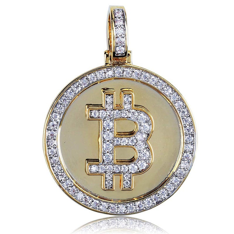 JAJAFOOK Jewelry Fully Iced Out CZ Simulated 14K Gold Plated Bitcoin Cryptocurrency Pendants Necklaces for Men with 24inch Stainless Steel Rope Chain - Image 2